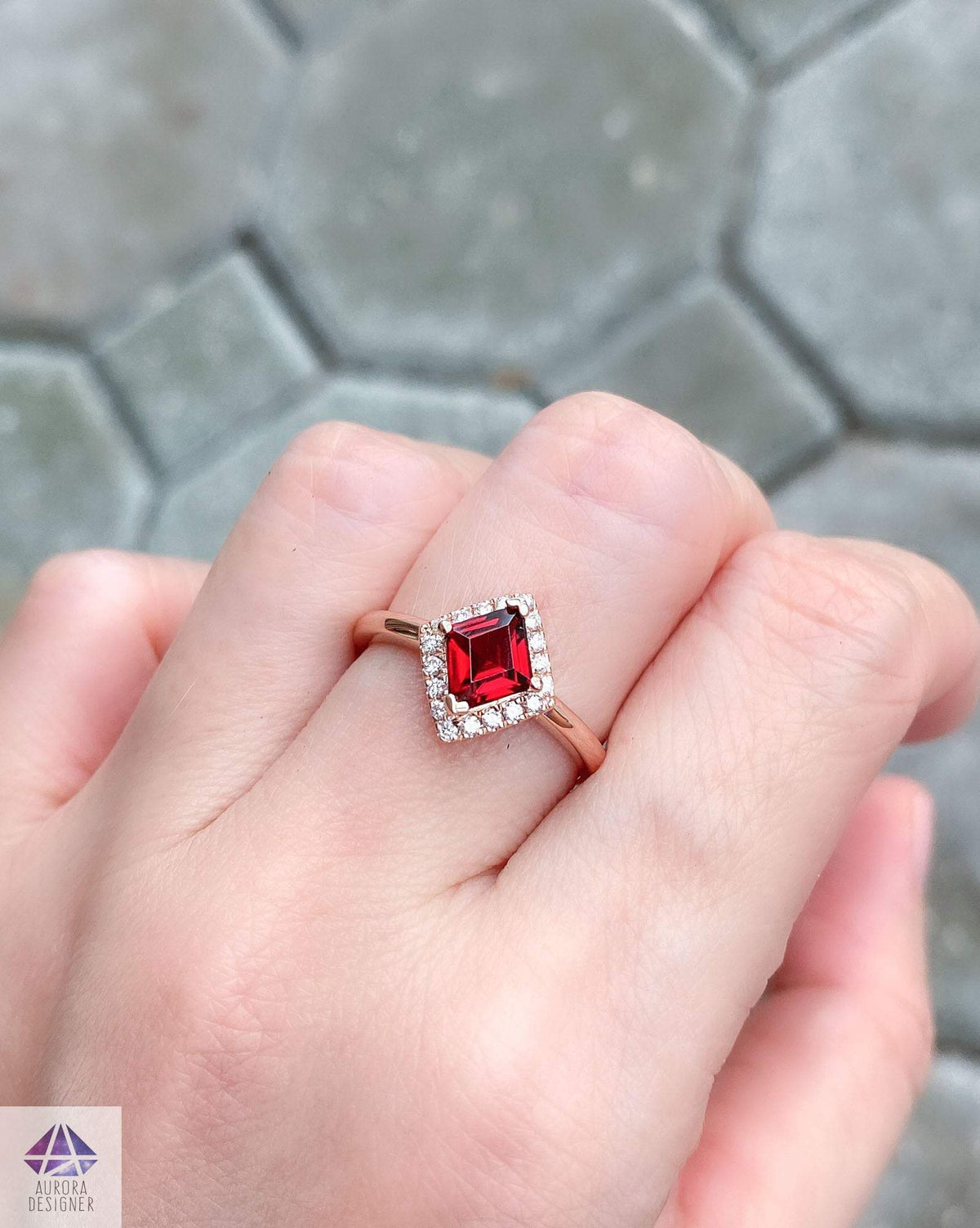 Kite Shape Spinel with Diamond Halo Engagement Ring 14K Rose Gold Red Geometric August AD1258-7