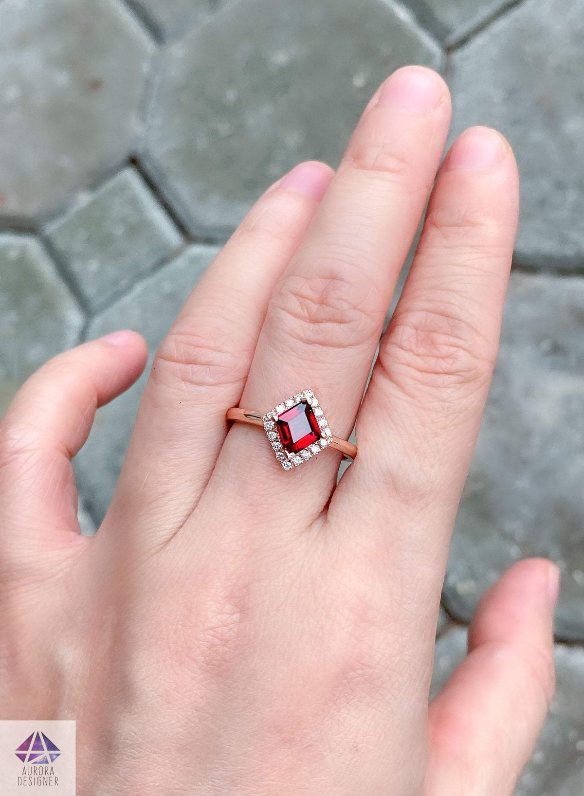Kite Shape Spinel with Diamond Halo Engagement Ring 14K Rose Gold Red Geometric August AD1258-7