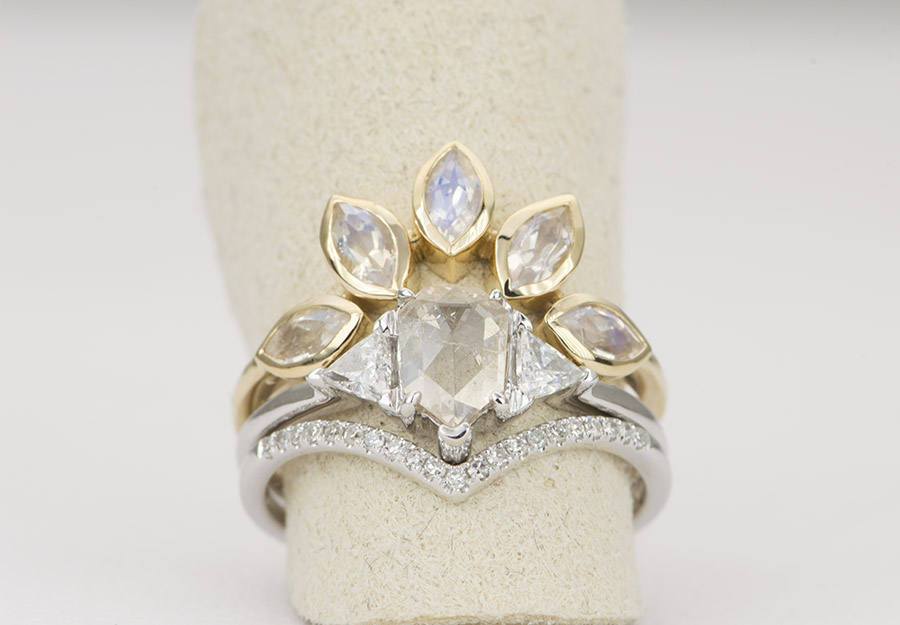 Large Marquise Moonstone Crown Ring 14K Gold Unique Wedding Band AD1512