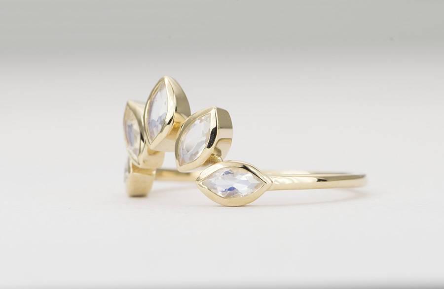 Large Marquise Moonstone Crown Ring 14K Gold Unique Wedding Band AD1512