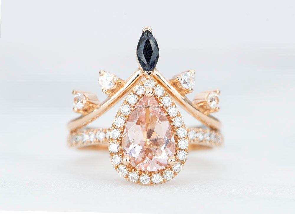 Marquise Black White Sapphire Ring 14K Gold Curved Crown Wedding Band Unique Stacking Ring AD1574