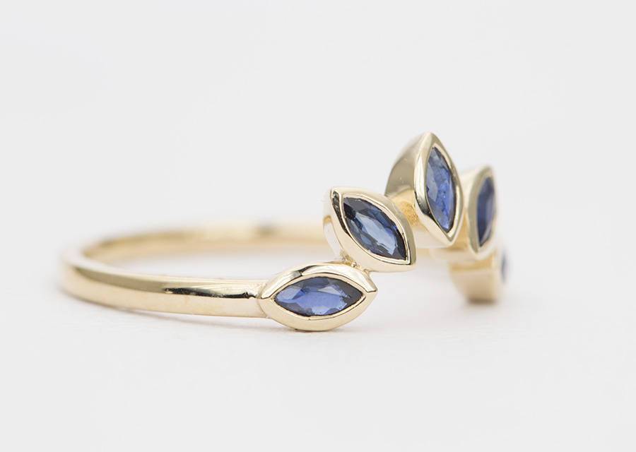 Marquise Blue Sapphire 14K Gold Wedding Band Curve Crown Ring AD1279BL