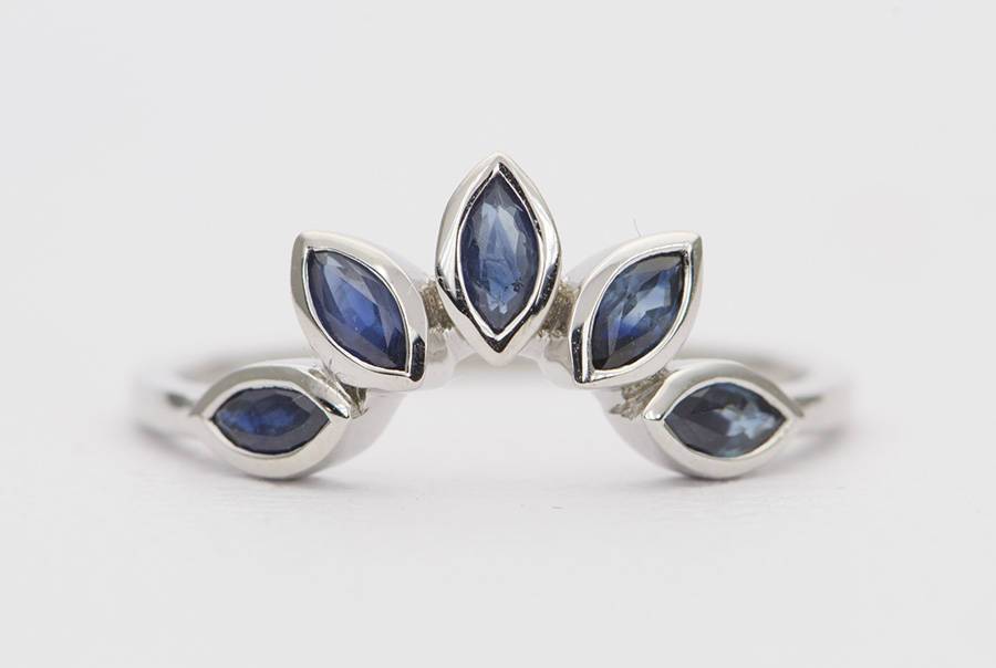 Marquise Blue Sapphire 14K Gold Wedding Band Curve Crown Ring AD1279BL