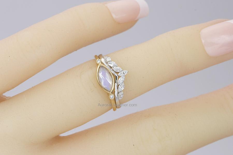 Marquise Diamond Crown Ring 14K Gold Unique Wedding Band AD1497
