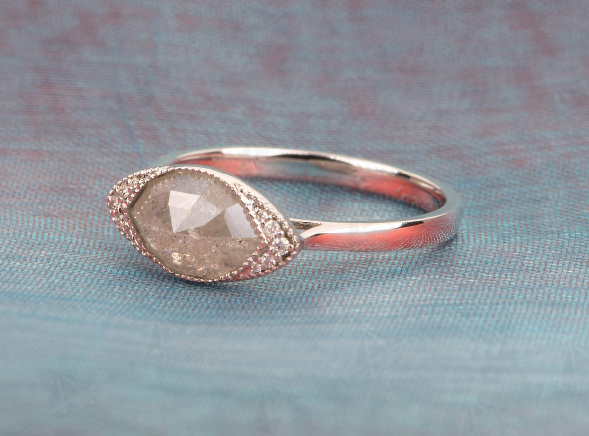 Marquise Diamond Engagement Ring 14K White Gold Milgrain Bezel Set East-West Side Diamonds AD2226