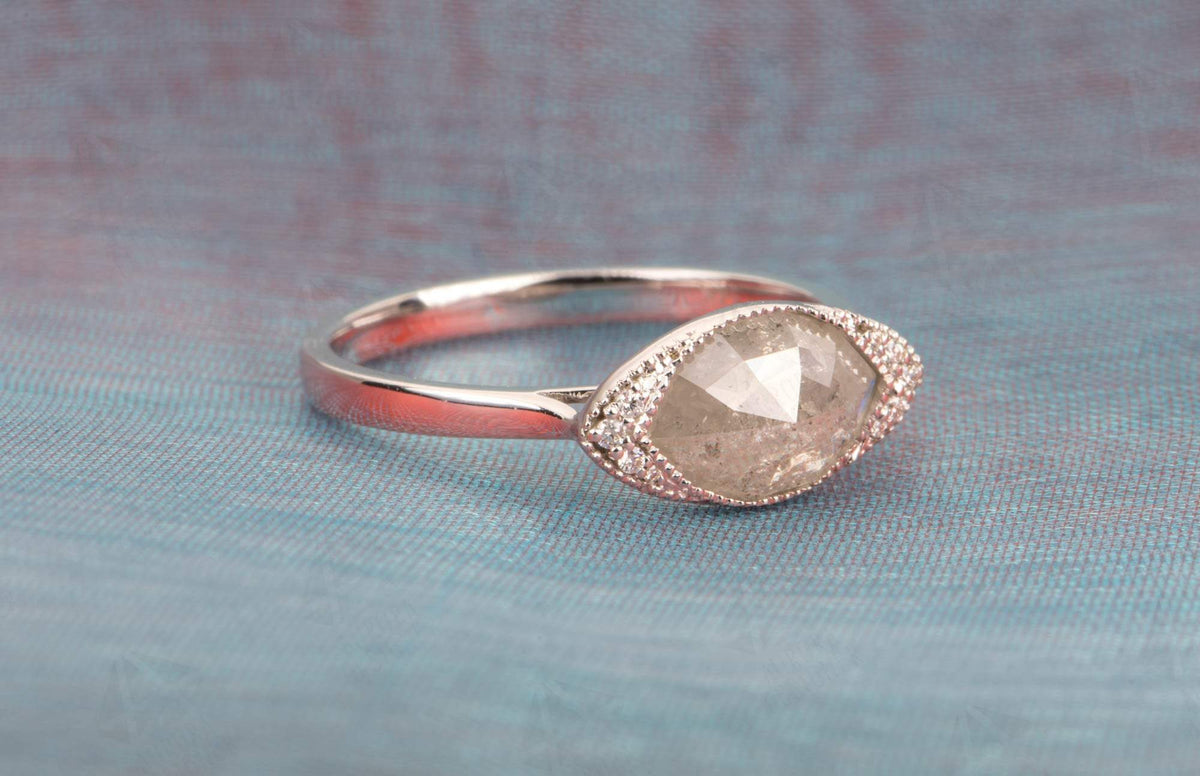 Marquise Diamond Engagement Ring 14K White Gold Milgrain Bezel Set East-West Side Diamonds AD2226
