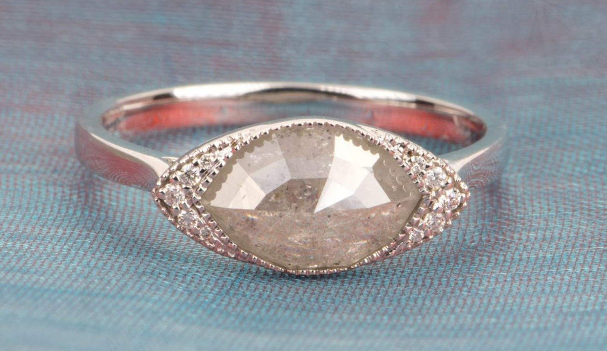 Marquise Diamond Engagement Ring 14K White Gold Milgrain Bezel Set East-West Side Diamonds AD2226