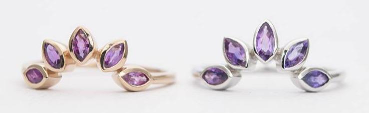Marquise Pink Purple Sapphire 14K Gold Wedding Band Bicolor Curve Crown Ring AD1279