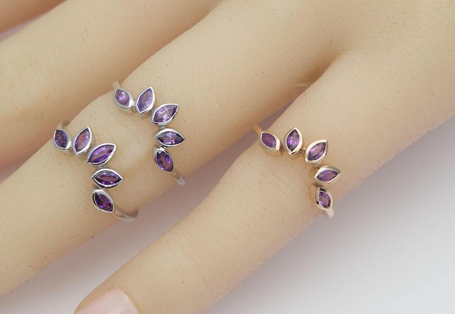 Marquise Pink Purple Sapphire 14K Gold Wedding Band Bicolor Curve Crown Ring AD1279