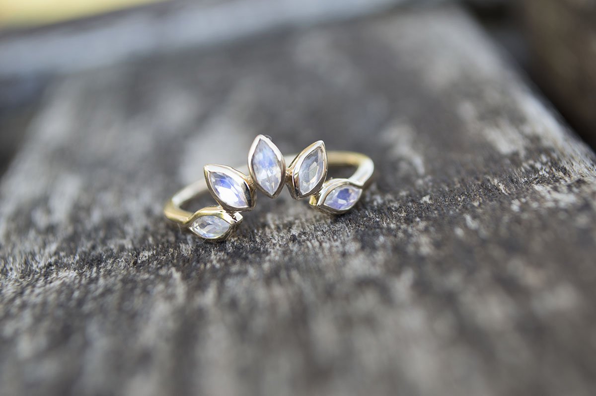 Marquise Rainbow Moonstone Crown Ring 14K Yellow Gold Wedding Band AD1250