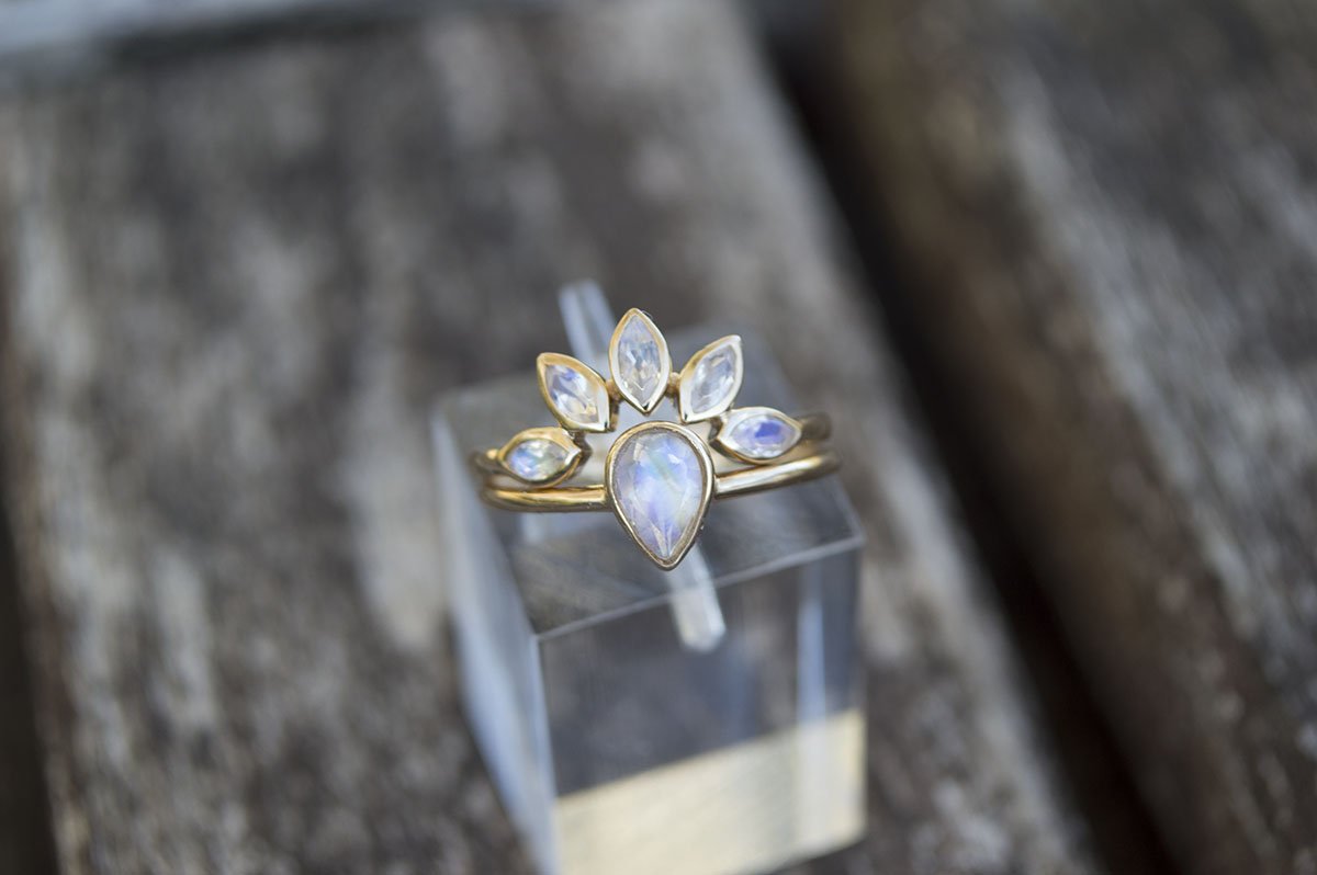 Marquise Rainbow Moonstone Crown Ring 14K Yellow Gold Wedding Band AD1250