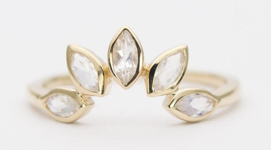 Marquise Rainbow Moonstone Crown Ring 14K Yellow Gold Wedding Band AD1250