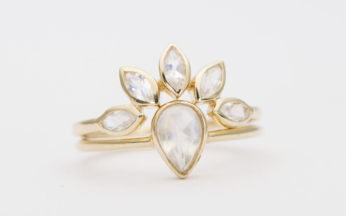 Marquise Rainbow Moonstone Crown Ring 14K Yellow Gold Wedding Band AD1250