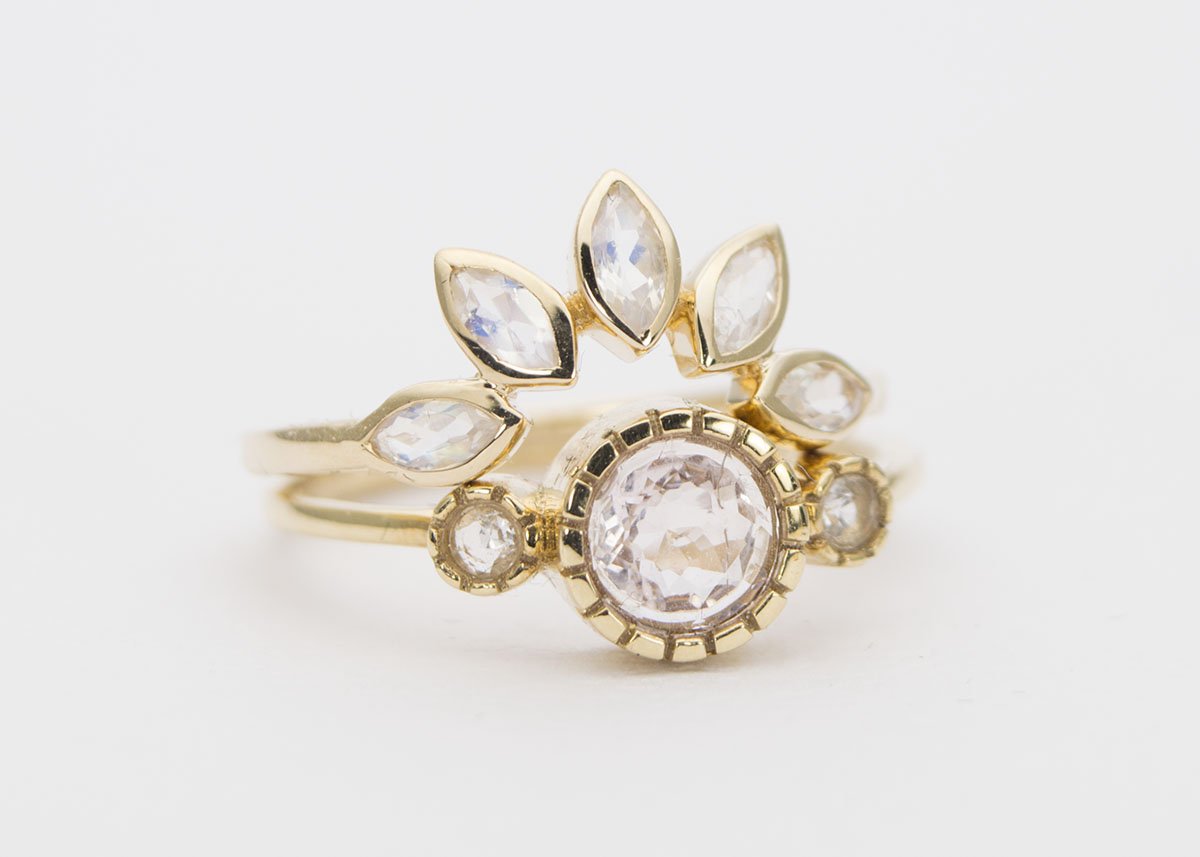 Marquise Rainbow Moonstone Crown Ring 14K Yellow Gold Wedding Band AD1250