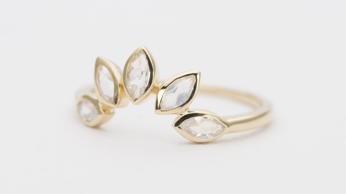Marquise Rainbow Moonstone Crown Ring 14K Yellow Gold Wedding Band AD1250
