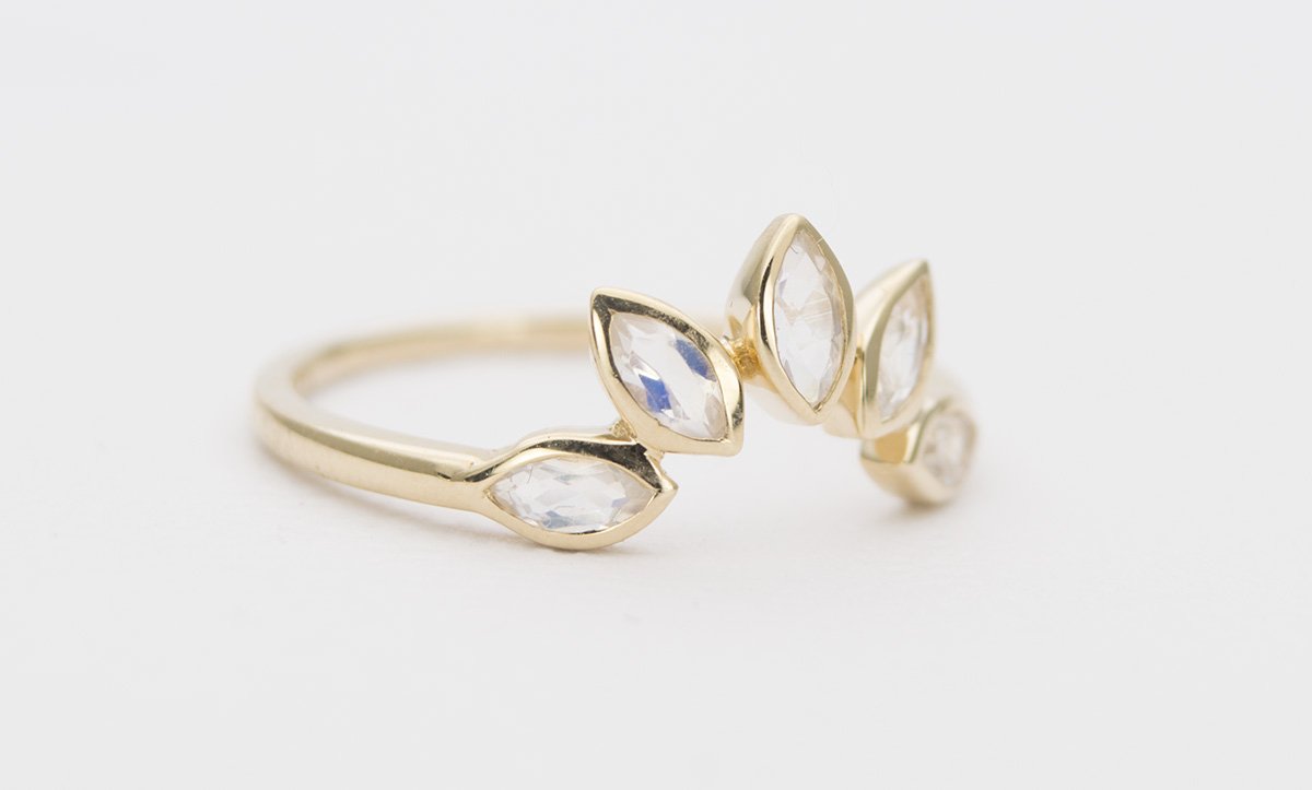 Marquise Rainbow Moonstone Crown Ring 14K Yellow Gold Wedding Band AD1250
