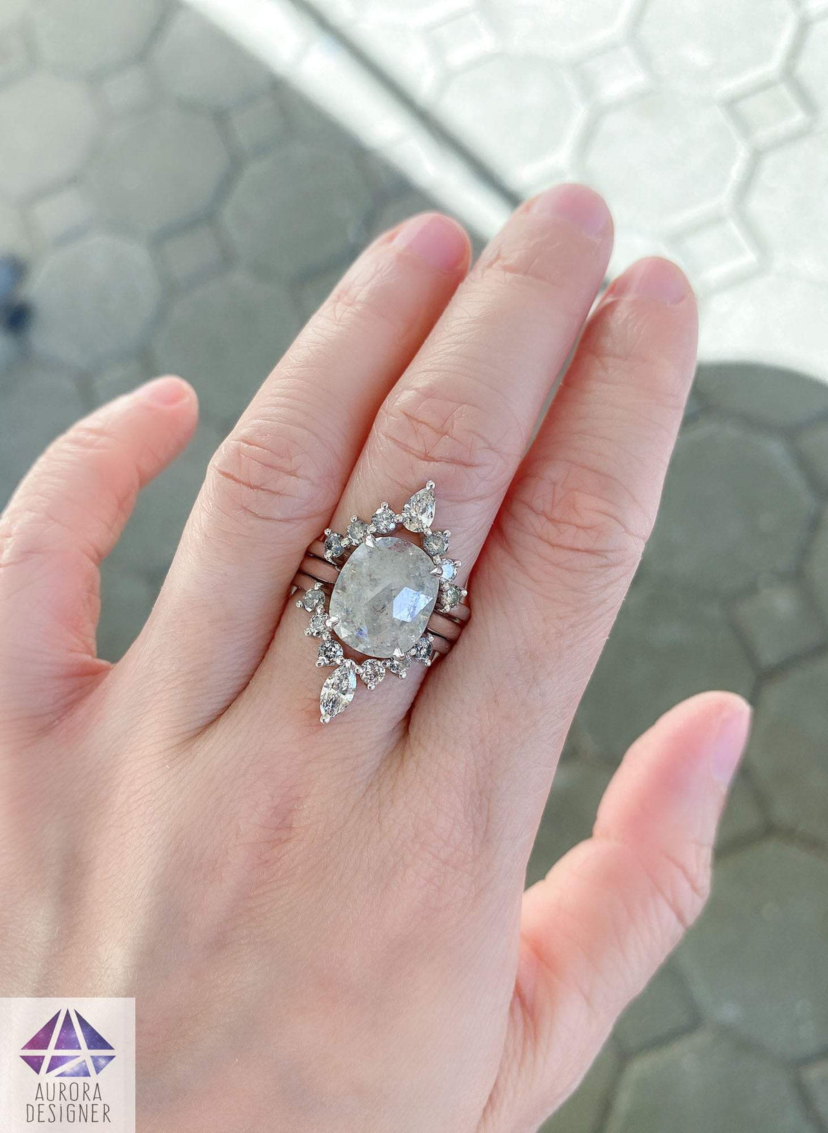 Marquise Round Salt and Pepper Diamond Wedding Band 14K Gold Unique Crown Sunburst Medium AD1925G