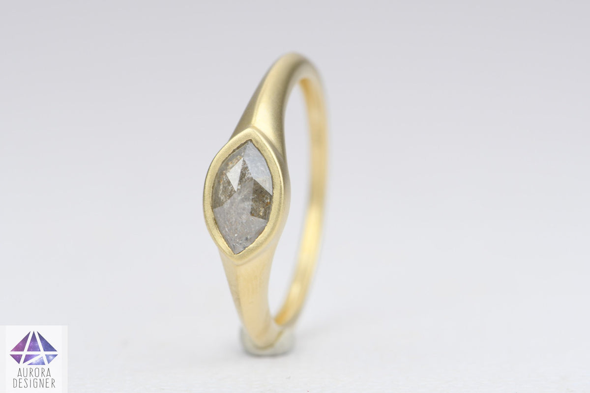 Marquise Salt and Pepper Diamond 14K Yellow Gold Engagement Ring Bezel Set Unique OOAK Misty AD1970