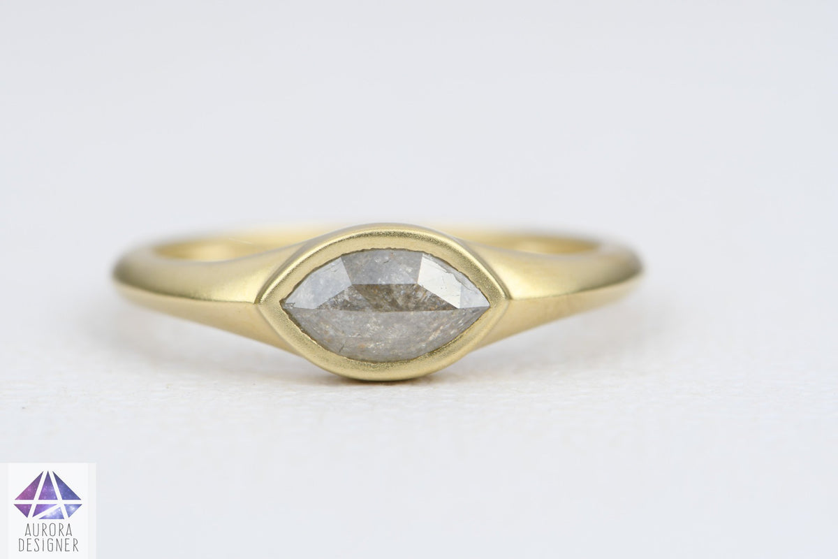 Marquise Salt and Pepper Diamond 14K Yellow Gold Engagement Ring Bezel Set Unique OOAK Misty AD1970