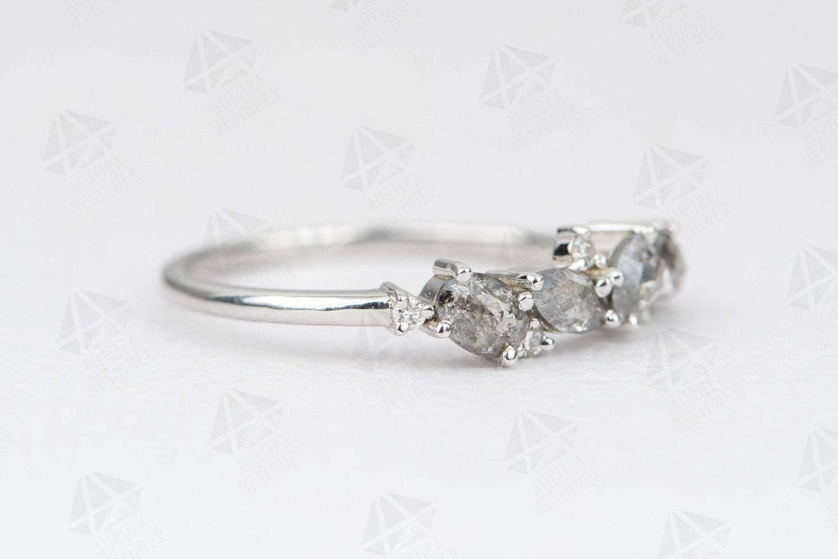 Mixed Shape Salt and Pepper Diamond Cluster Ring 14K Gold Unique Wedding Band Oval Pear AD1469SP