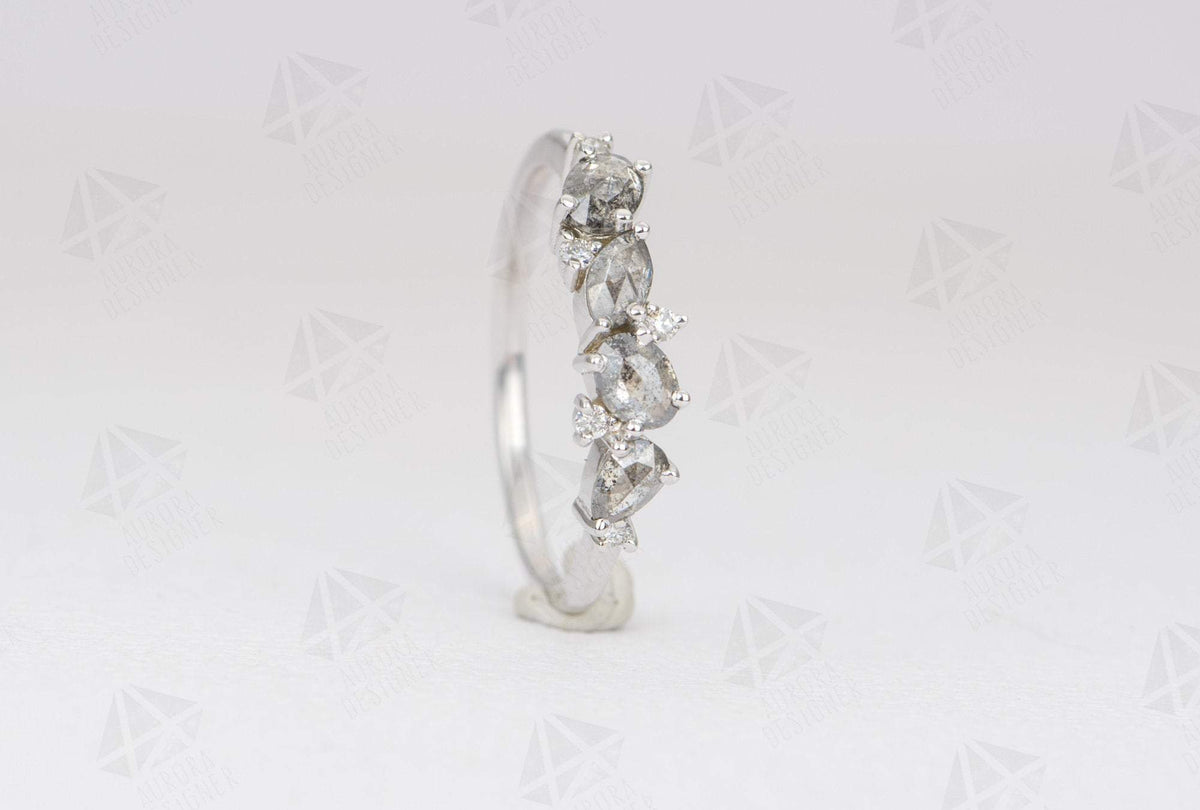 Mixed Shape Salt and Pepper Diamond Cluster Ring 14K Gold Unique Wedding Band Oval Pear AD1469SP