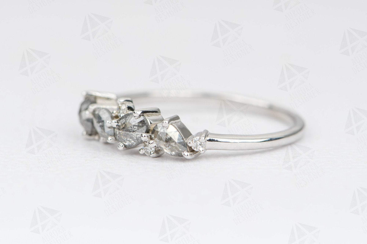 Mixed Shape Salt and Pepper Diamond Cluster Ring 14K Gold Unique Wedding Band Oval Pear AD1469SP