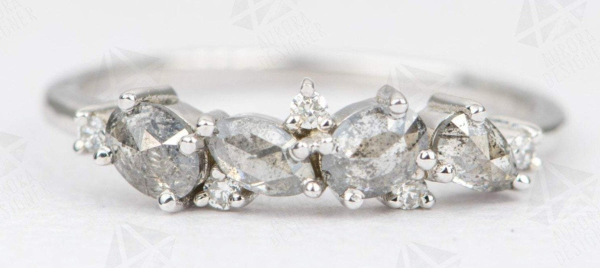Mixed Shape Salt and Pepper Diamond Cluster Ring 14K Gold Unique Wedding Band Oval Pear AD1469SP