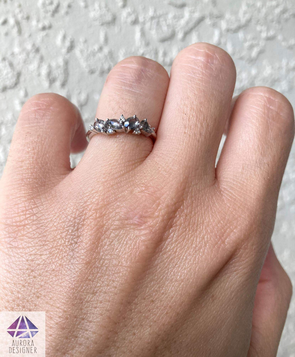 Mixed Shape Salt and Pepper Diamond Cluster Ring 14K Gold Unique Wedding Band Oval Pear AD1469SP