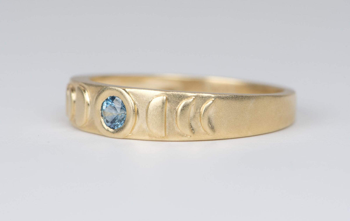 Montana Sapphire Crescent Moon Celestial Themed 14K Yellow Gold Bezel Set Ring R6060