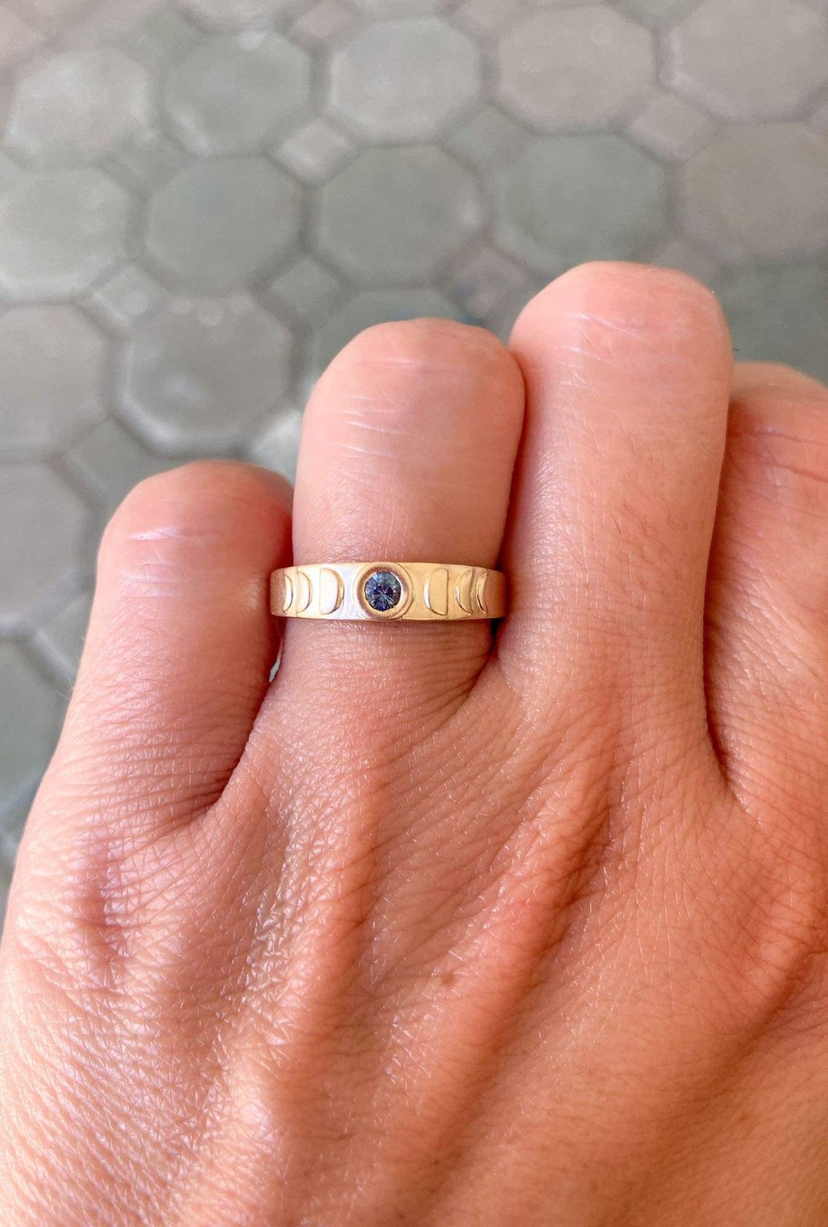 Montana Sapphire Crescent Moon Celestial Themed 14K Yellow Gold Bezel Set Ring R6060