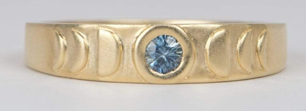 Montana Sapphire Crescent Moon Celestial Themed 14K Yellow Gold Bezel Set Ring R6060