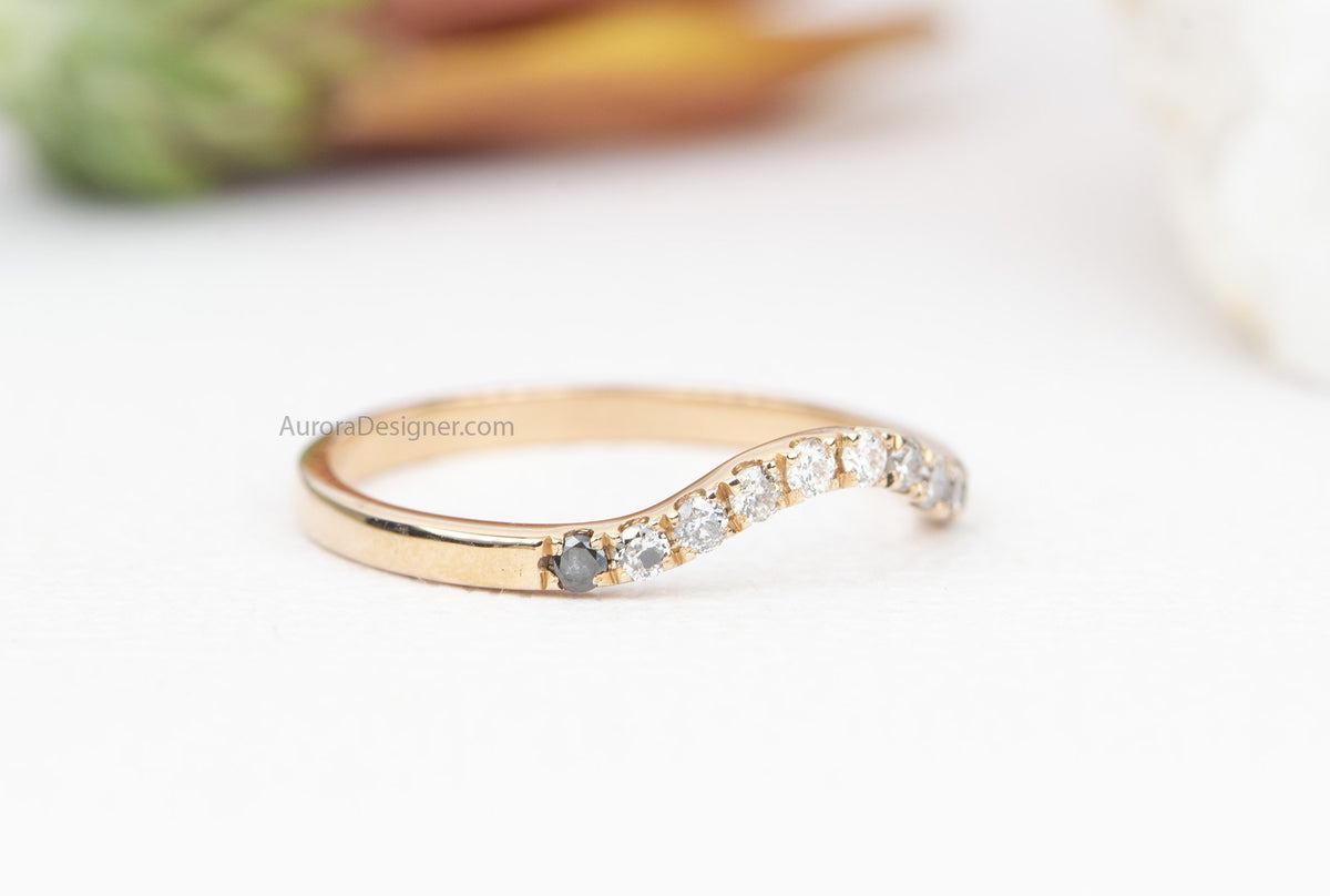 Ombré Diamond Curved Wedding Band 14K Gold Black Gray White Unique Ring Guard Enhancer AD1802
