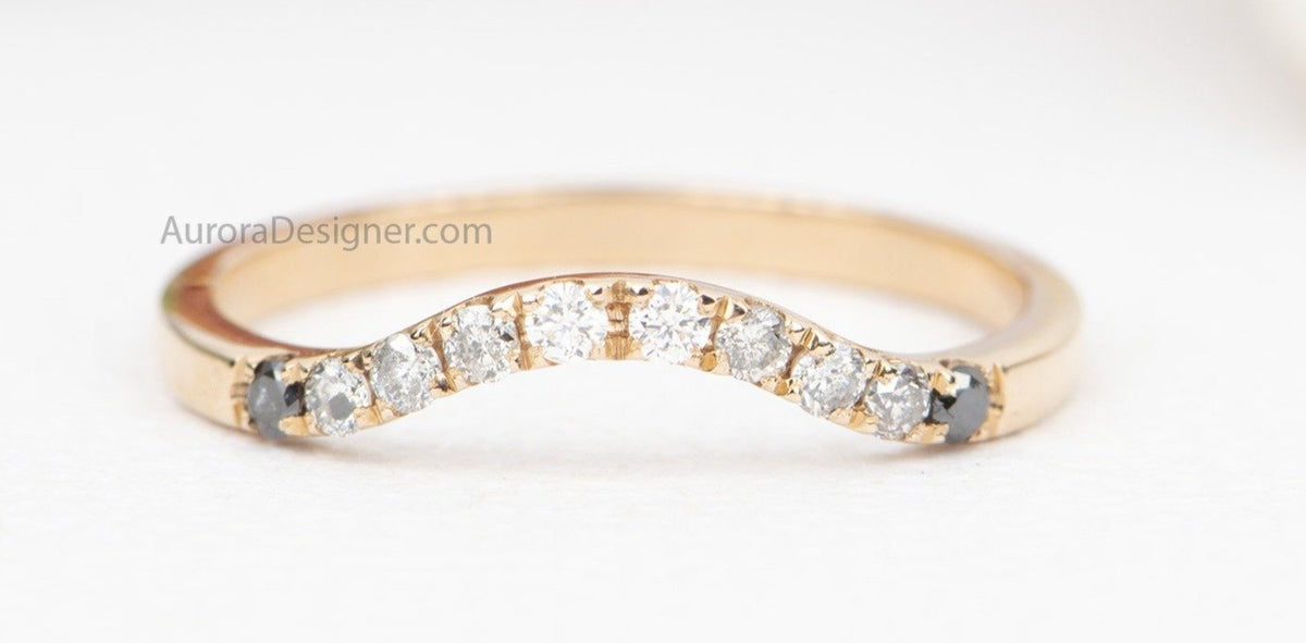 Ombré Diamond Curved Wedding Band 14K Gold Black Gray White Unique Ring Guard Enhancer AD1802