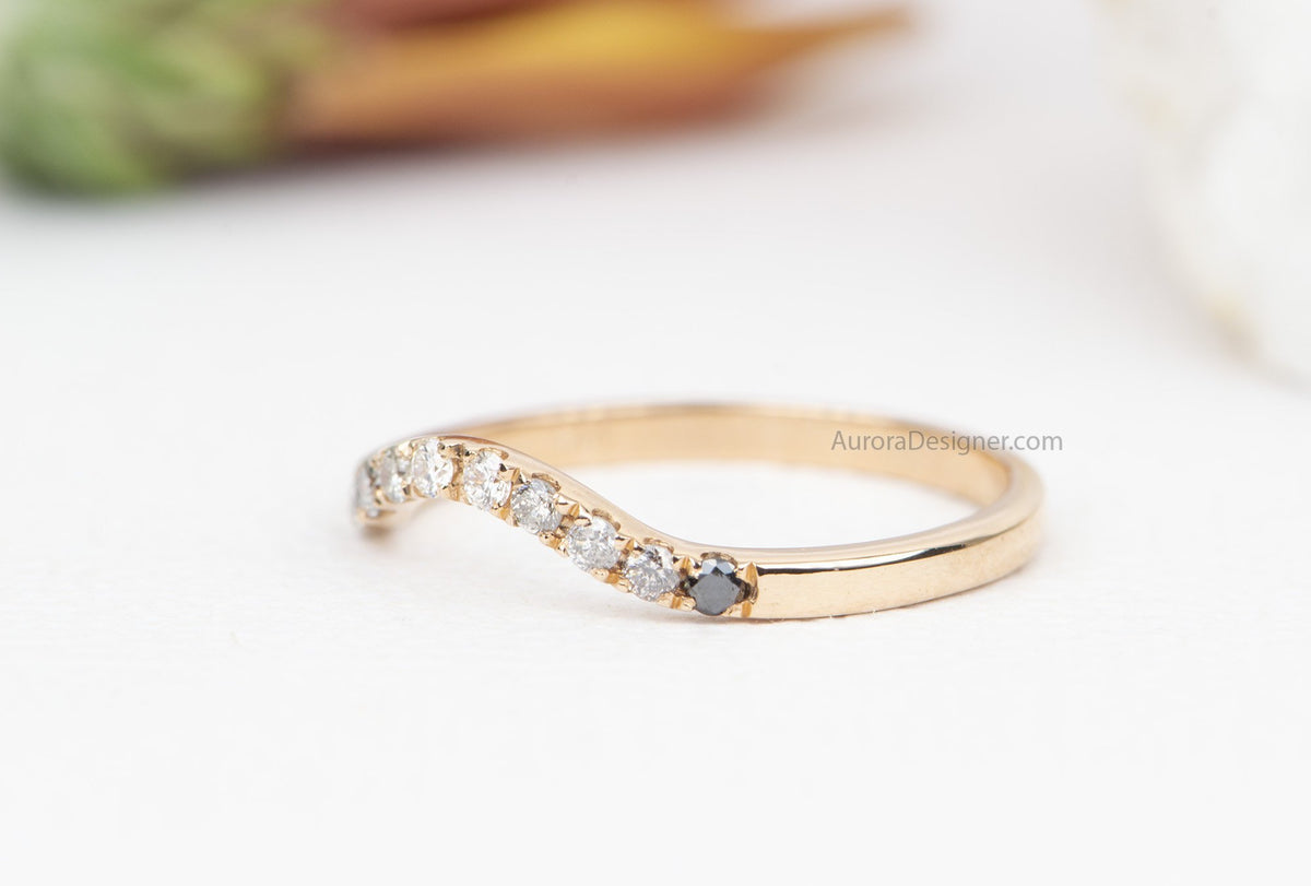 Ombré Diamond Curved Wedding Band 14K Gold Black Gray White Unique Ring Guard Enhancer AD1802