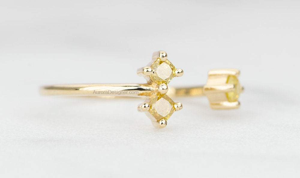 Open End Fancy Color Trio-Diamond Ring 14K Yellow Gold Unique Wedding Band Natural OOAK AD1580