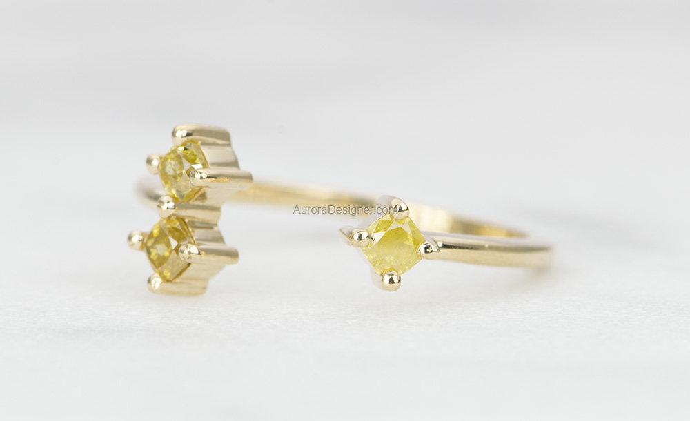 Open End Fancy Color Trio-Diamond Ring 14K Yellow Gold Unique Wedding Band Natural OOAK AD1580
