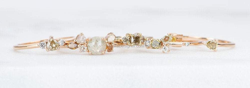 Open End Fancy Color Trio-Diamond Ring 14K Yellow Gold Unique Wedding Band Natural OOAK AD1580