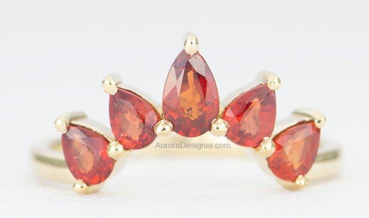 Orange Sapphire Ring Teardrop Pear Shape 14K Gold Wedding Band Curve Crown Ring Guard AD1456OS