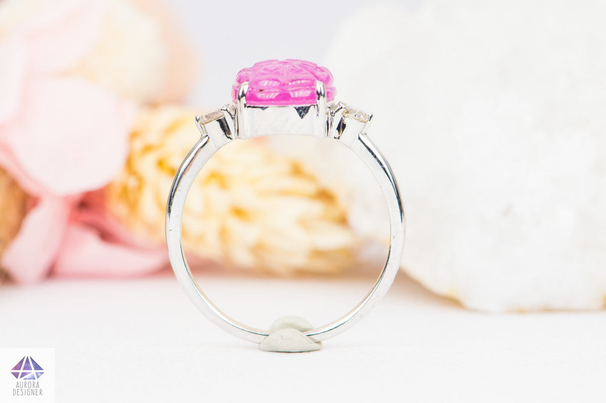 Oval Ruby Carving with Diamond Sides 14K White Gold Ring Red Pink Nature Floral AD1917