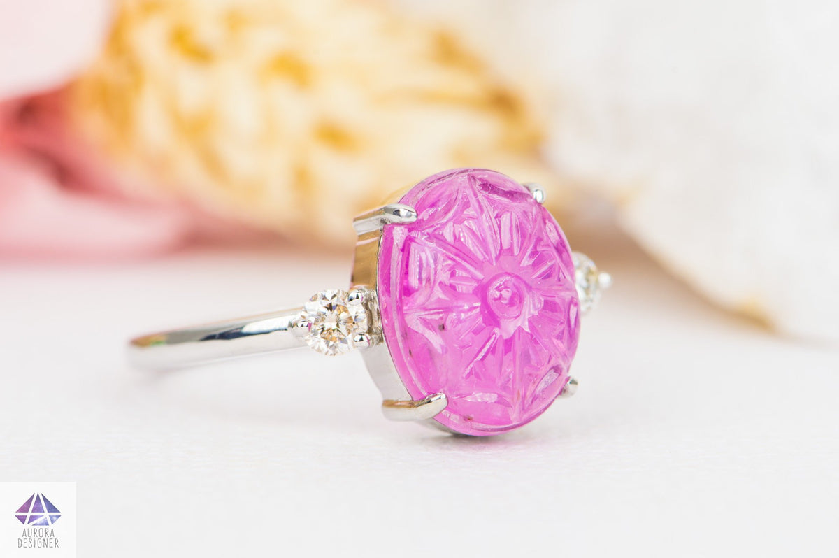 Oval Ruby Carving with Diamond Sides 14K White Gold Ring Red Pink Nature Floral AD1917