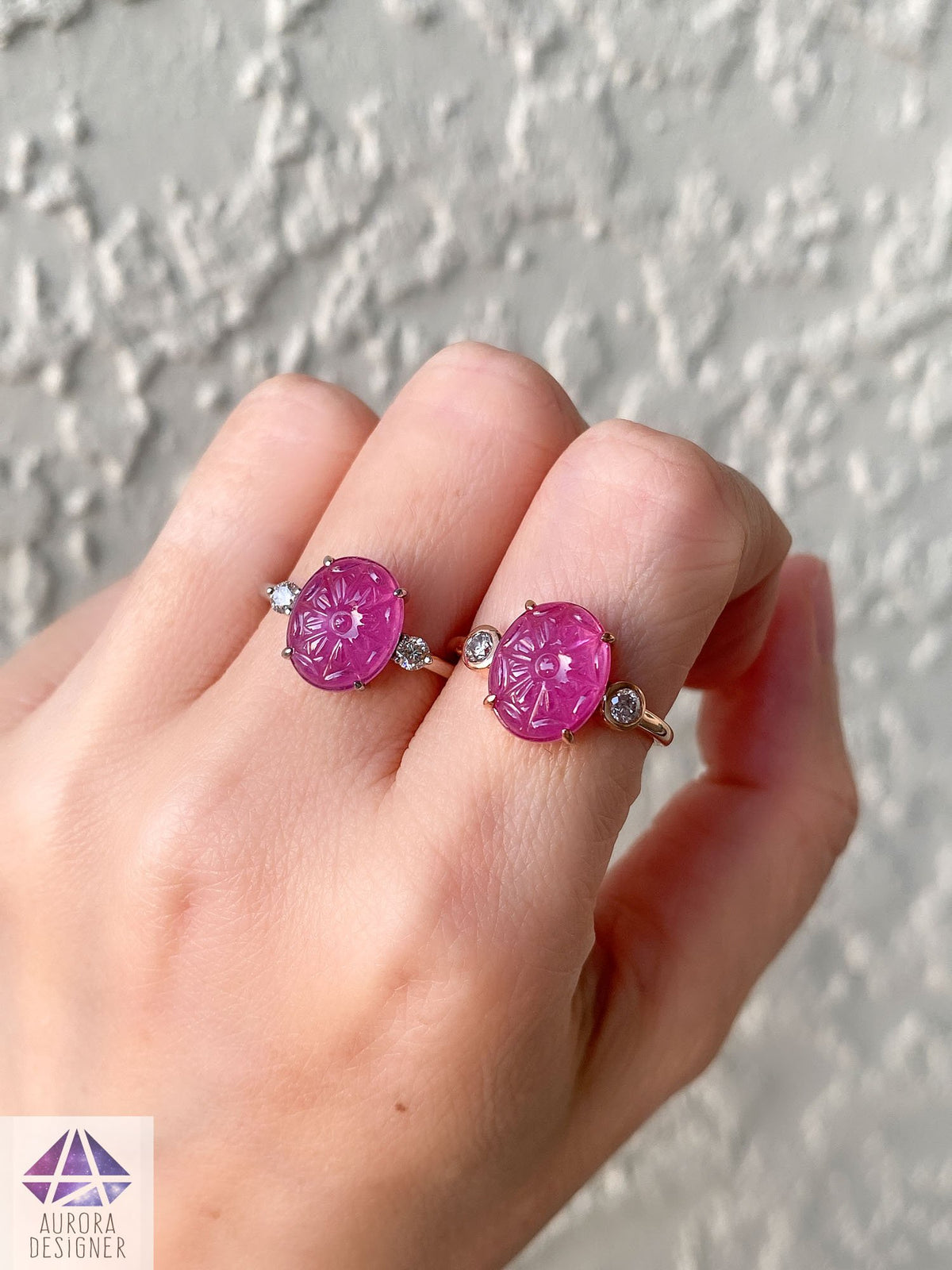 Oval Ruby Carving with Diamond Sides 14K White Gold Ring Red Pink Nature Floral AD1917