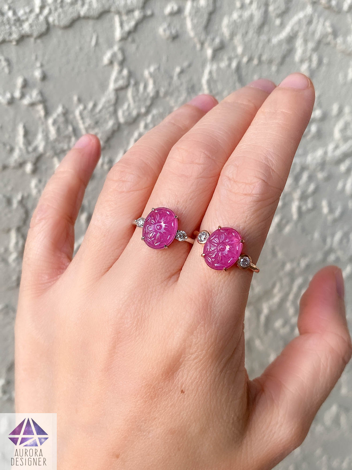 Oval Ruby Carving with Diamond Sides 14K White Gold Ring Red Pink Nature Floral AD1917