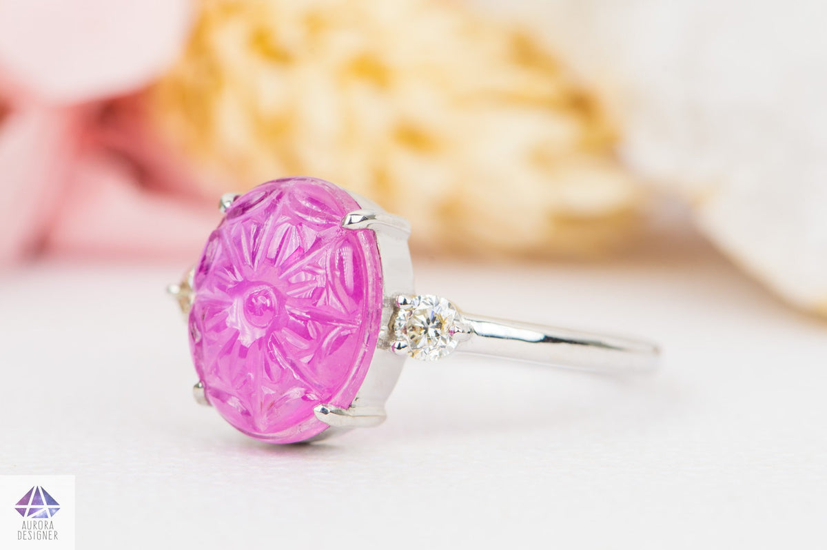 Oval Ruby Carving with Diamond Sides 14K White Gold Ring Red Pink Nature Floral AD1917