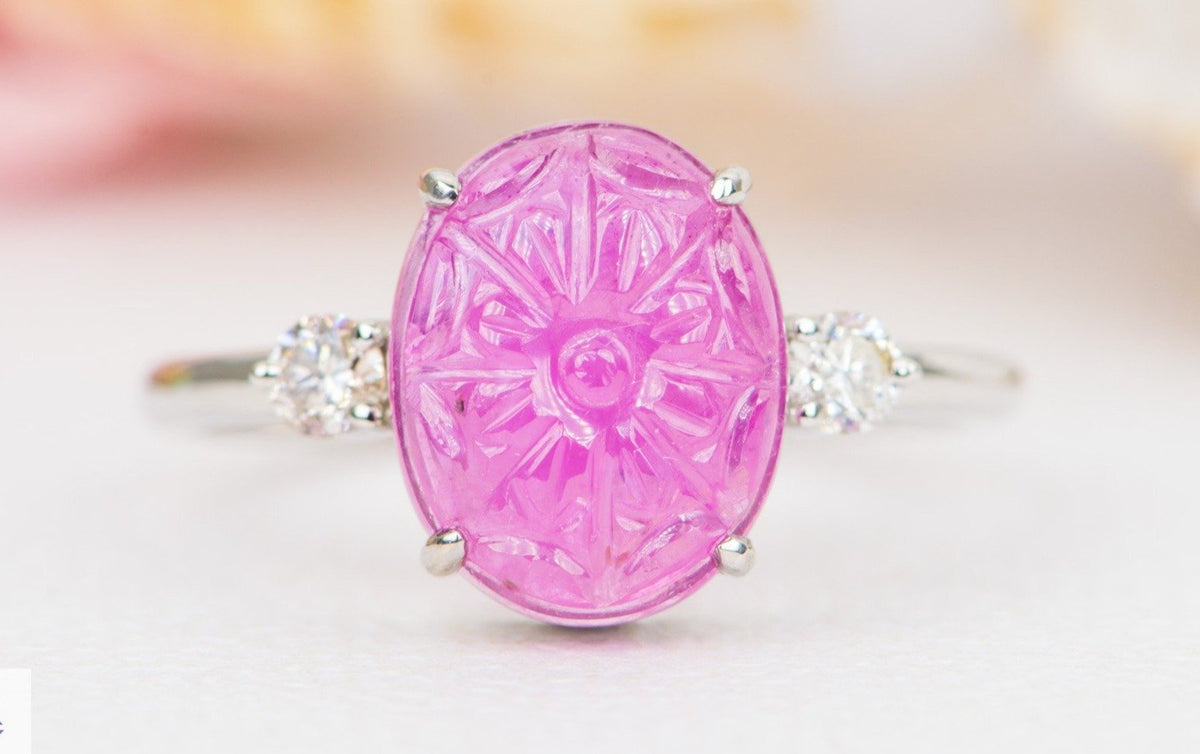 Oval Ruby Carving with Diamond Sides 14K White Gold Ring Red Pink Nature Floral AD1917