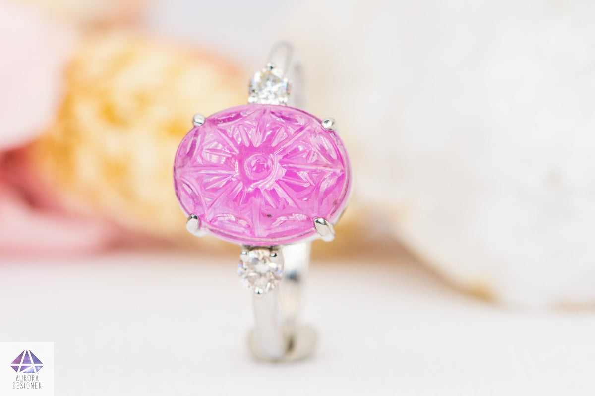 Oval Ruby Carving with Diamond Sides 14K White Gold Ring Red Pink Nature Floral AD1917