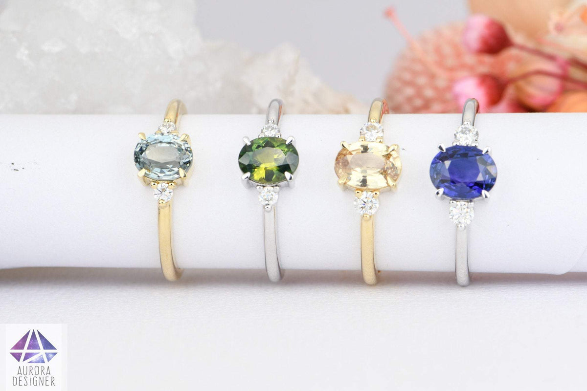 Oval Yellow Sapphire Sapphire Trio Ring 14K Yellow Gold Engagement Ring Moissanite Sides AD1801-12