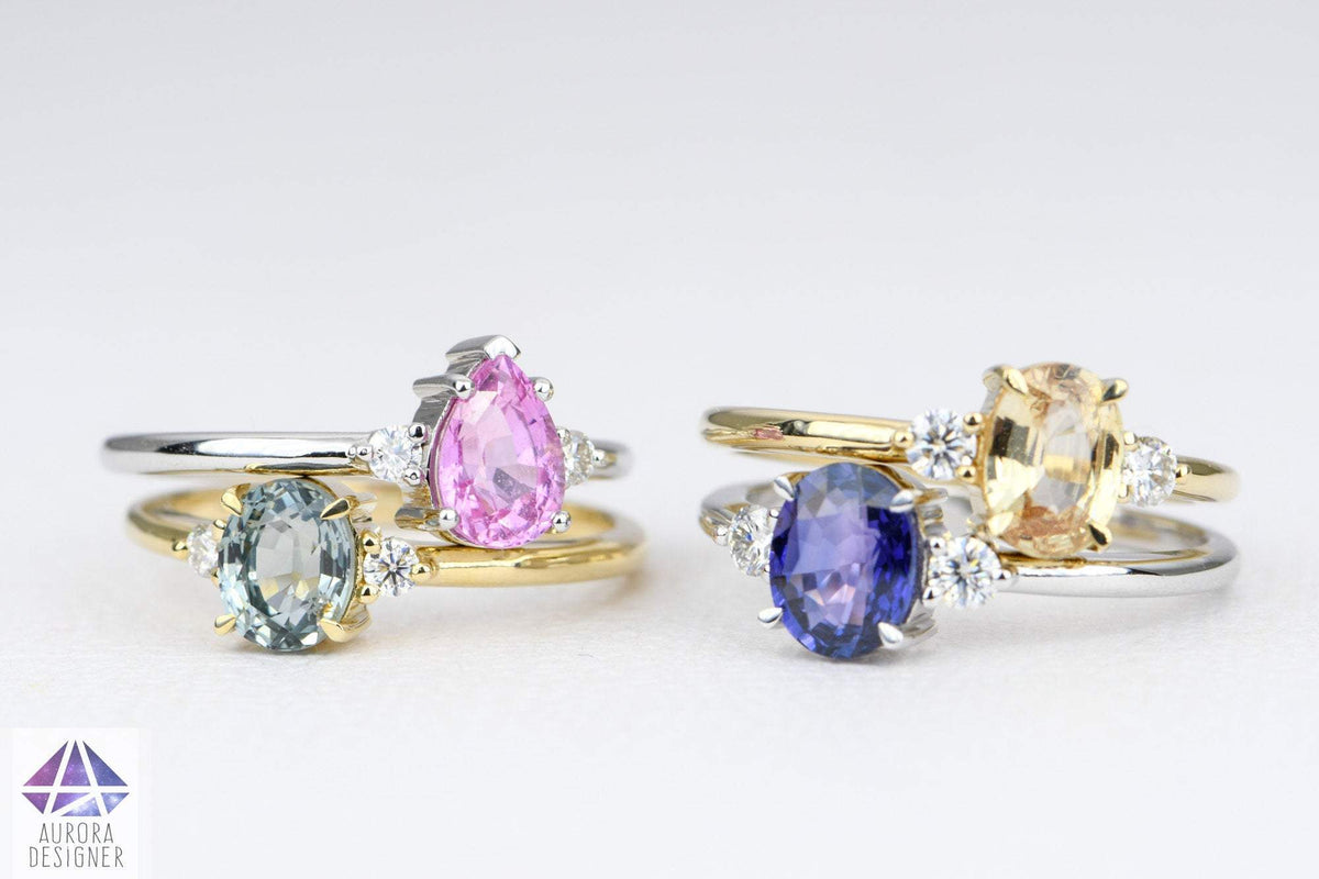 Oval Yellow Sapphire Sapphire Trio Ring 14K Yellow Gold Engagement Ring Moissanite Sides AD1801-12