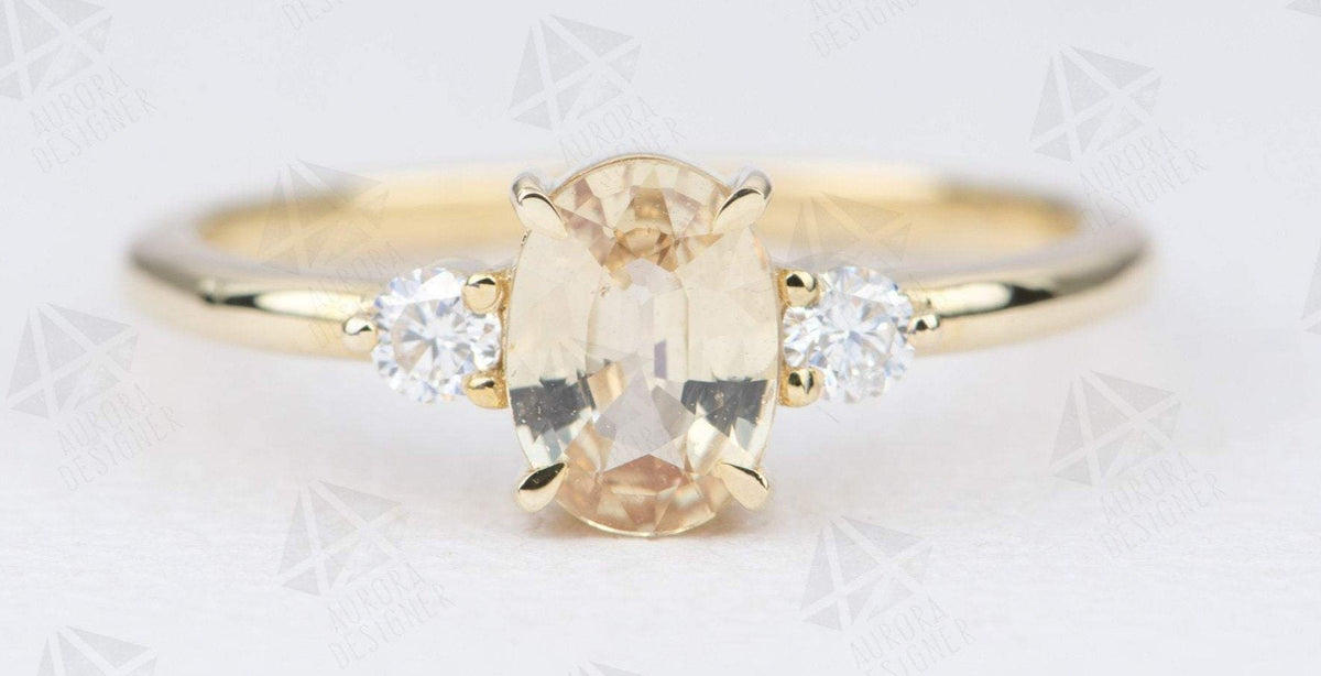 Oval Yellow Sapphire Sapphire Trio Ring 14K Yellow Gold Engagement Ring Moissanite Sides AD1801-12