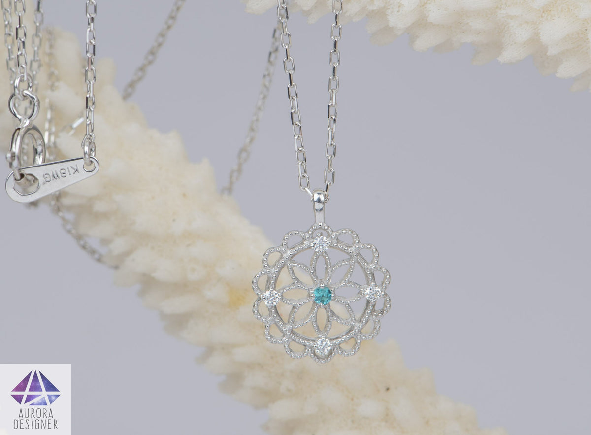 Paraiba Tourmaline and Diamond Pendant Necklace 18K White Gold Milgrain Edge April or AD2298