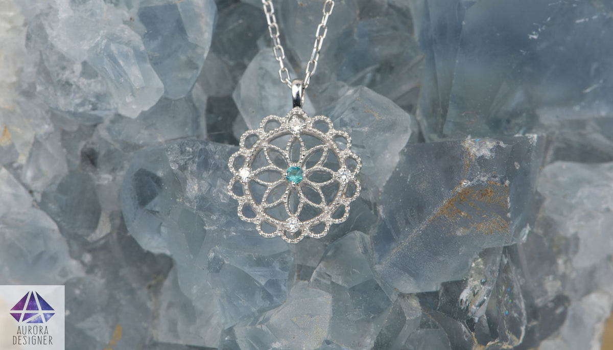Paraiba Tourmaline and Diamond Pendant Necklace 18K White Gold Milgrain Edge April or AD2298